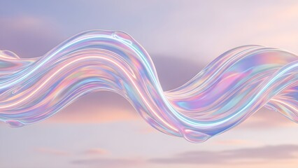 Iridescent liquid wave with pastel sky background, abstract fluid form with holographic sheen and soft light reflections