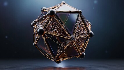 Intricate metallic geometric dodecahedron with copper wires and spheres on a dark background with spotlight