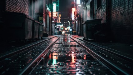 Glimmering city alley at night with vibrant neon reflections on wet cobblestone tracks