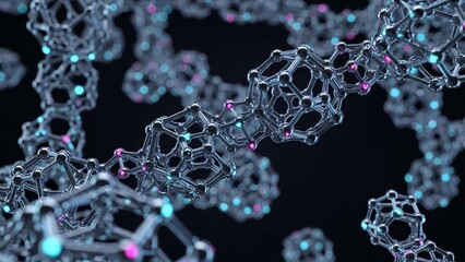 Complex molecular structure with interconnected silver nanotechnology particles and colorful highlights against dark background futuristic scientific concept