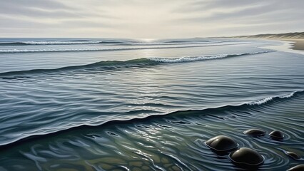 Serene ocean waves washing over dark pebbles on a vast sandy shoreline under a soft, diffused sky