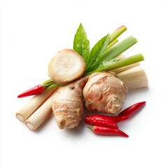 Fresh Ginger Root, Lemongrass Stalks, Red Chili Peppers, and Green Herb Leaves on White Background