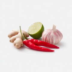 Fresh Vegetables and Spices Including Ginger, Lime, Garlic and Red Chili for Cooking and Healthy Eating
