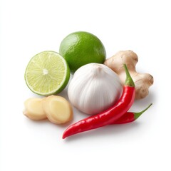 Fresh Ingredients for Cooking: Lime, Garlic, Ginger, Chili Pepper and Ginger Root on a White Background