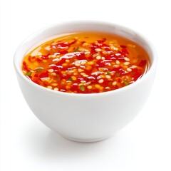 Fresh Red Chili Sauce with Garnish in a White Bowl Ready for Dipping or Cooking