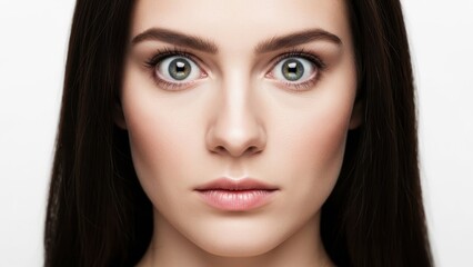 Fototapeta premium Close-up portrait of a young woman with strikingly wide, light-colored eyes conveying intense focus
