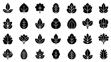 Collection of Various Black Leaf Silhouettes on White Background, Nature Design Elements © Citra