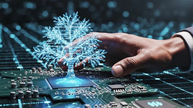 Hand hovering over a glowing blue circuit board as a holographic tree sprouts from tech amid data!!!
