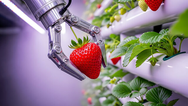 Robotic arm carefully picks a ripe strawberry in a modern vertical hydroponic farm, showcasing agricultural technology and sustainable food production