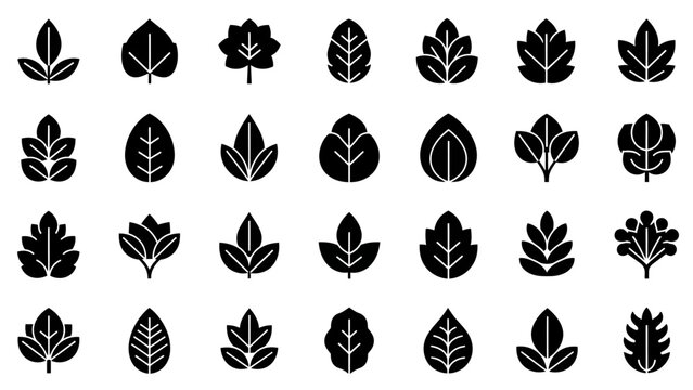 Collection of Various Black Leaf Silhouettes on White Background, Nature Design Elements