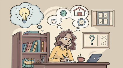 Woman Brainstorming Ideas with Thought Bubbles at Desk