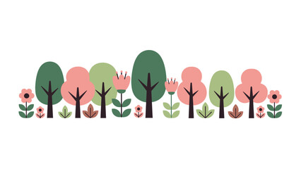 Stylized Decorative Forest with Colorful Trees and Flowers on White Background