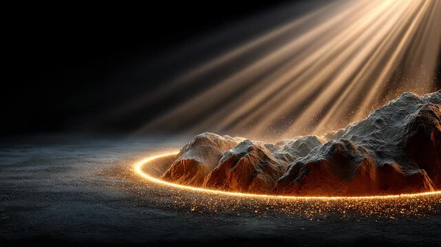 Golden rays shining on dark rocks with a sacred halo effect