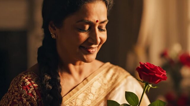 An Indian woman in a sari smiles at a red rose, bathed in warm golden indoor light, serene. A calm.!