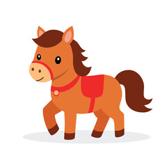 Cute Cartoon Horse Character Illustration. Kawaii Brown Pony with Red Saddle for Children and Lunar New Year Design Isolated on White.