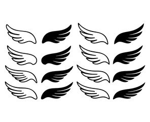 Obraz premium Doodle outline sketch angel wings. Angel feather wing, silhouette. Linear fly winged angels, flying heaven hand drawn doodle vector icons 