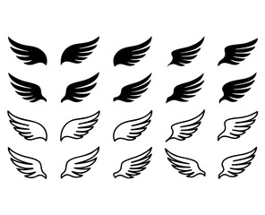 Obraz premium Doodle outline sketch angel wings. Angel feather wing, silhouette. Linear fly winged angels, flying heaven hand drawn doodle vector icons 