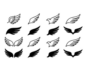 Obraz premium Doodle outline sketch angel wings. Angel feather wing, silhouette. Linear fly winged angels, flying heaven hand drawn doodle vector icons 