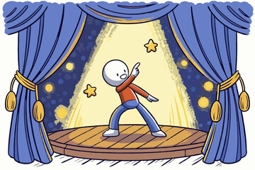 Stick Figure Performer on Stage with Blue Curtains Illustration