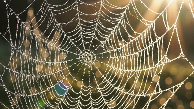 Backlit spiderweb glistens with dew; intricate, radial strands create a delicate, symmetric lattice!
