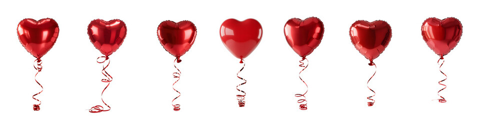Red heart shaped balloons on strings isolated on transparent background