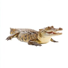 Naklejka premium Lively crocodile resting on white backdrop with fierce expression showcasing sharp teeth and scaly skin details
