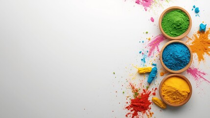 Colorful Holi Powder in Bowls on White Background with Copy Space, Festive Abstract Flat Lay