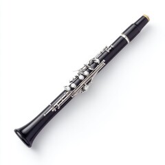 Elegant wooden clarinet with silver keys displayed on a clean white background showcasing musical beauty and craftsmanship