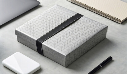 Luxury Gift Box with Geometric Pattern, Secured by a Black Strap, on a Desk
