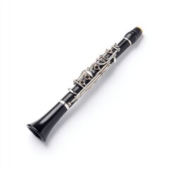 Elegant black clarinet with silver keys isolated on white background, ideal for music and educational purposes in art and design