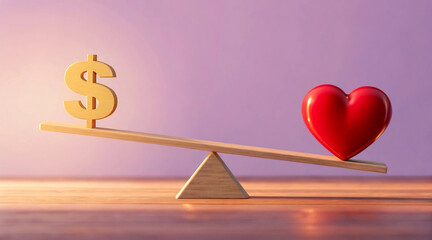 Priorities in Life Red Heart Outweighs Golden Dollar Sign on Seesaw, Symbolizing Love's Value Over Money