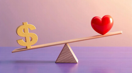 A symbolic wooden seesaw illustrates the delicate equilibrium between financial gain and human emotions