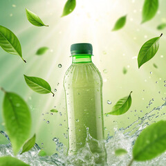 Refreshingly Cold Green Tea in a Bottle with Green Cap Splashing and Leaves