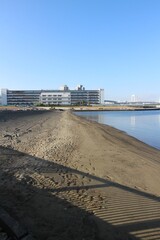 A new beach under construction at Ariake Shinsui Kaihin Park in Tokyo, Japan