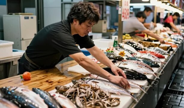 A bustling fish market with fishmongers arranging catches on ice, captured in 4K and HD with dynamic movement and cold sensory detail