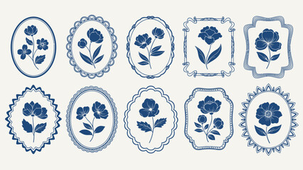 Collection of Blue Floral Silhouettes in Ornate Decorative Frames and Borders
