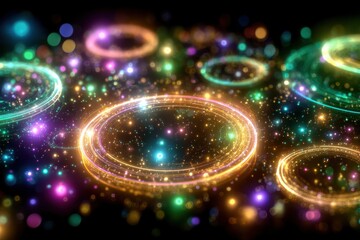 Colorful abstract glowing circles and sparkles on a dark background creating a dreamy and enchanting atmosphere for creative projects and digital designs