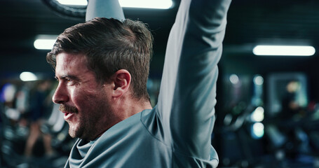 Fitness, sweat and weightlifting with man in gym for intense exercise or strength training routine....