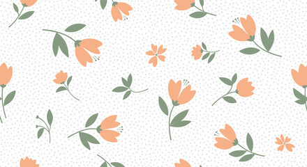 Obraz premium Simple and charming seamless floral pattern with scattered peach-colored flowers and leaves on a delicate light gray polka dot background.