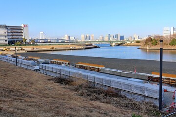 A new beach under construction at Ariake Shinsui Kaihin Park in Tokyo, Japan