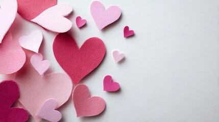 Obraz premium Paper cut pink hearts on white background, flat lay top view, Valentine’s Day greeting card template with copy space