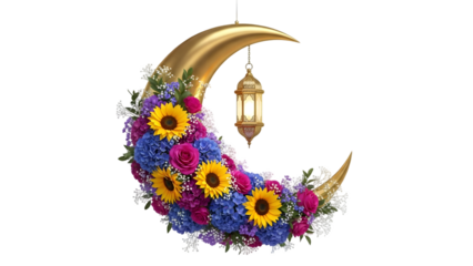 Vibrant floral crescent moon decoration with hanging lantern on transparent background