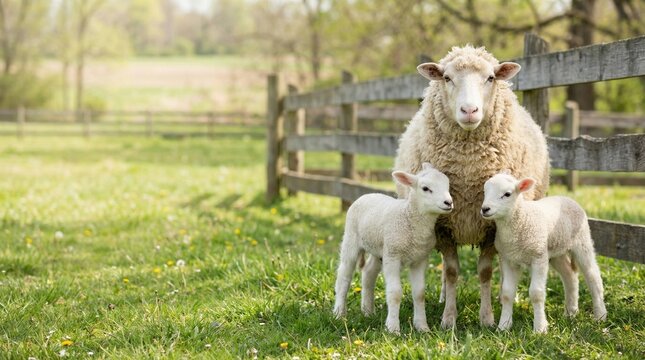 Sheep with two lambs standing in a sunny green field by fence  