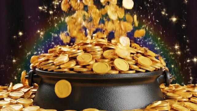 A black cauldron brims with gold coins, rainbow arch overhead, stars glittering with magic and glow
