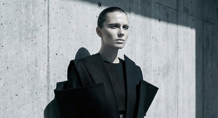 High fashion model in structured black outfit posing against concrete wall with sharp shadows.
