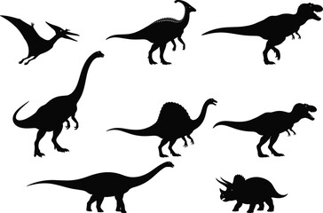 Stylized Dinosaur Silhouettes Vector Set featuring T-Rex, Triceratops, Brontosaurus, and Pterodactyl for Prehistoric, Extinct Animal, and Jurassic Park Designs. © Yeasrin