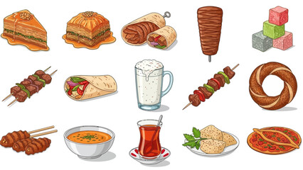 Vector flat, Turkish national food set. Baklava, doner kebab, rahat lukum, shawarma, kebab, ayran, boza, turkish tea, bagel simit and other