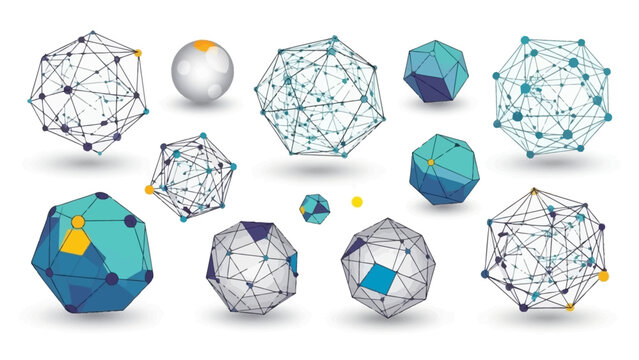3D vector shapes set. Abstract polyhedron forms in geometry style. Geometric elements with lines and dots wireframe, spheres, polygon structures. Mesh graphic design for tech, math, science concepts 