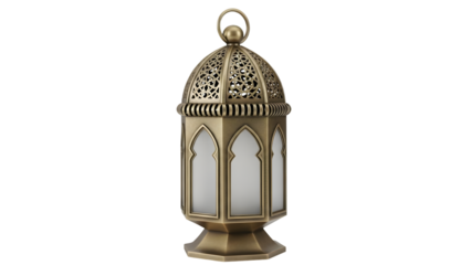 Elegant gold lantern with white glass panels isolated on transparent background for decorative lighting