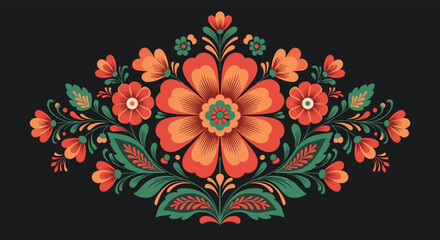 Vibrant and symmetrical folk art floral arrangement with large orange and red flowers and green leaves on a dark background.